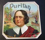  Old Antique - PURITAN - Outer CIGAR BOX LABEL - Pilgrim / Indians 